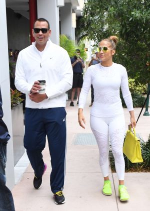 Jennifer Lopez in White Tights with Alex Rodriguez at a Gym in Miami