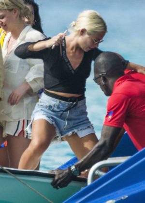 Jess Woodley in Jeans Shorts at a Boat in Barbados