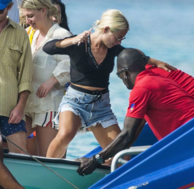 Jess Woodley in Jeans Shorts at a Boat in Barbados
