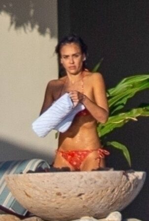 Jessica Alba - In a floral print bikini during a holiday in Cabo San Lucas