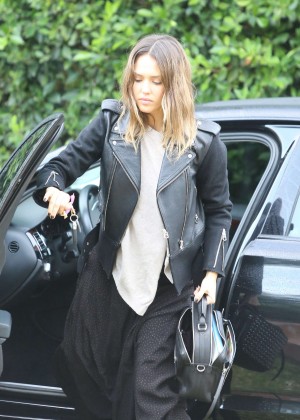 Jessica Alba in leather jacket and long dress out in Beverly Hills