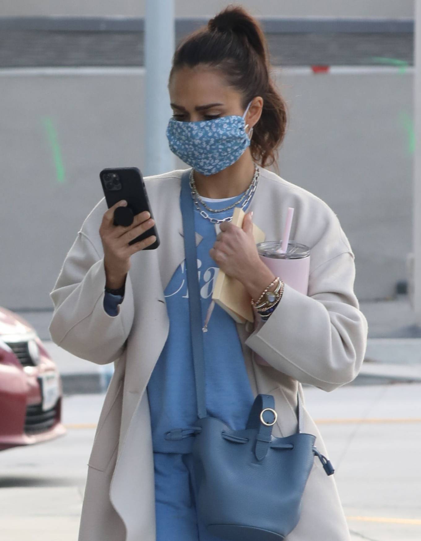 Jessica Alba 2021 : Jessica Alba – In light blue outfit and cream coat and white Converse in Beverly Hills-04