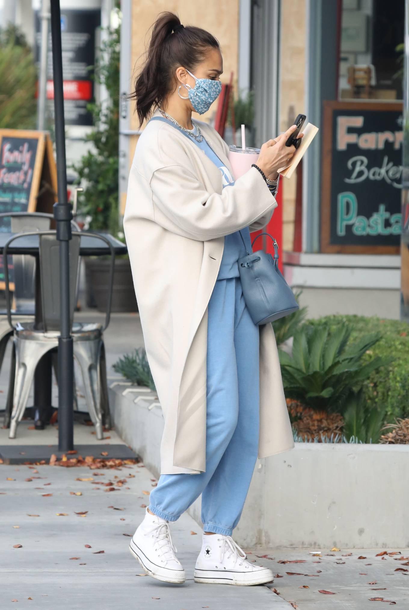 Jessica Alba 2021 : Jessica Alba – In light blue outfit and cream coat and white Converse in Beverly Hills-07