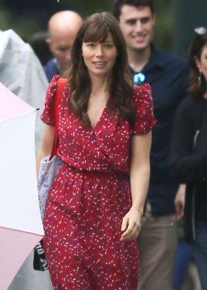 Jessica Biel in Red Dress on 'Shock And Awe' set in New Orleans