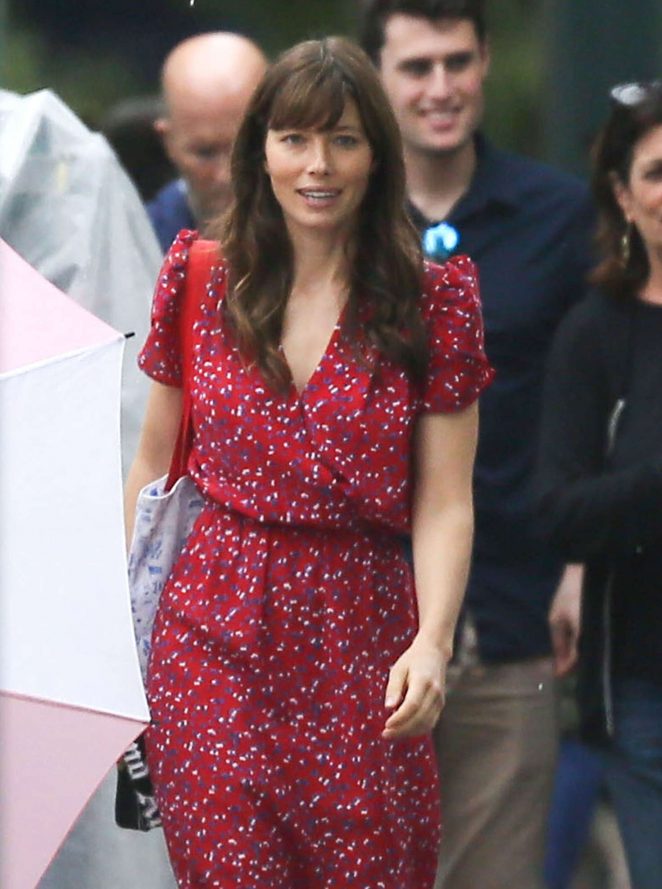 Jessica Biel in Red Dress on 'Shock And Awe' set in New Orleans