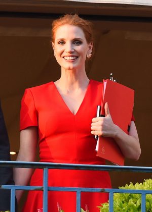 Jessica Chastain in Red Dress at the Martinez hotel in Cannes