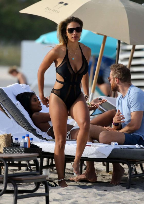Jessica Ledon in Black Swimsuit on the beach in Miami