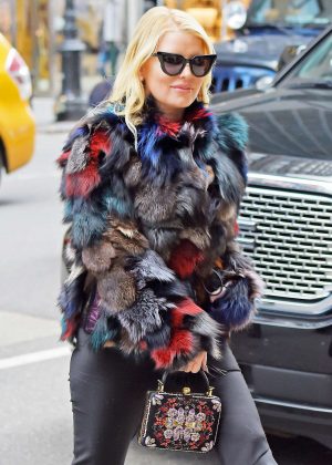 Jessica Simpson in a colorful fur coat in New York City