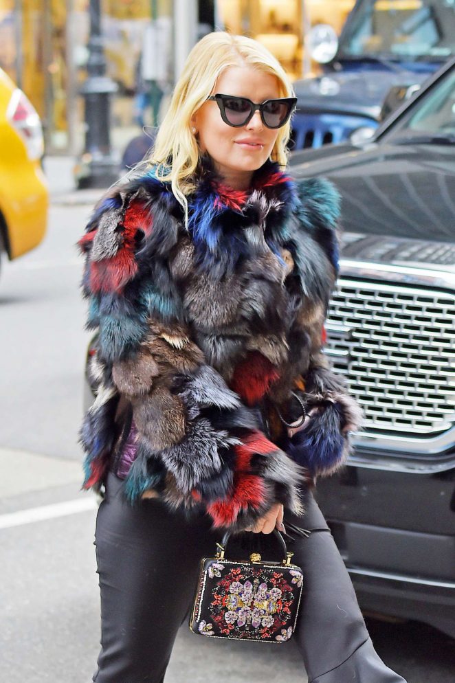 Jessica Simpson in a colorful fur coat in New York City
