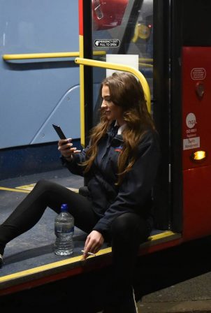Jodie Leigh Fox - (UK's hottest bus driver) is seen taking a break in East London