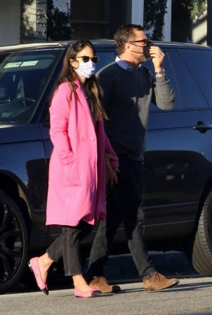 Jordana Brewster - wearing a pink coat while out in Los Angeles