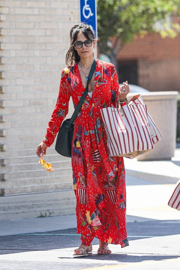 Jordana Brewster - Wears a red dress while grocery shopping at San Vicente food market in Brentwood