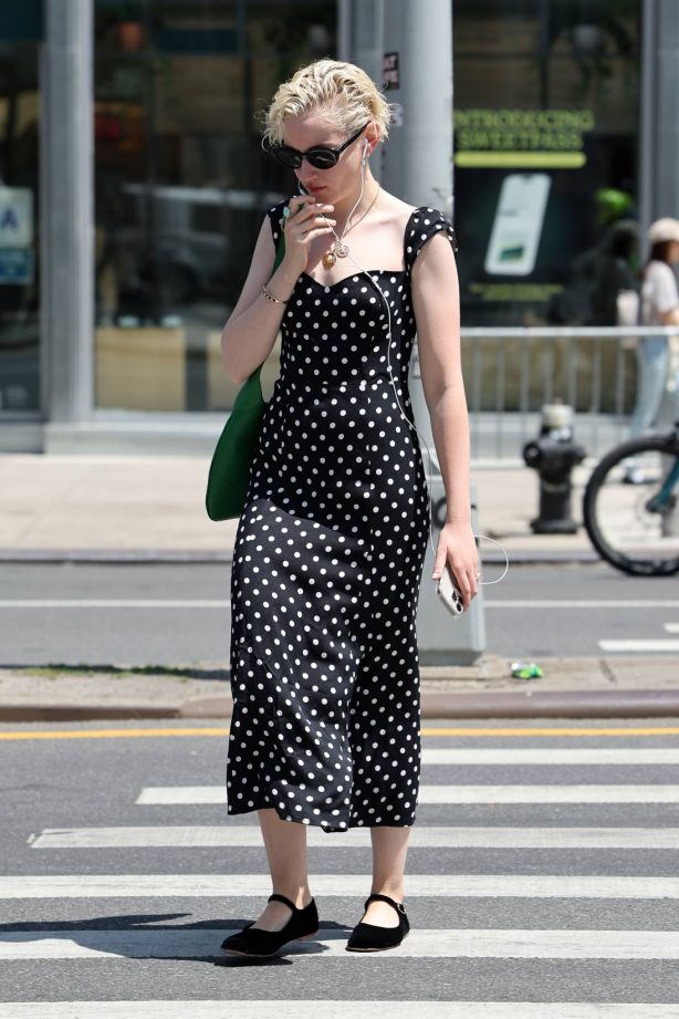 Julia Garner - Spotted in a black polka dress in New York