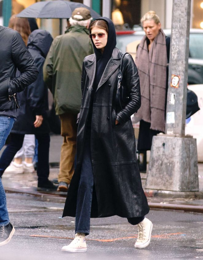 Kaia Gerber in Black Leather Coat - Going to lunch in New York