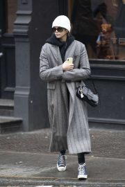 Kaia Gerber in Grey Long Coat - Out in NYC