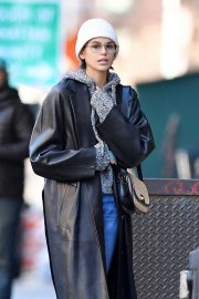 Kaia Gerber in Long Leather Coat - Out in New York City