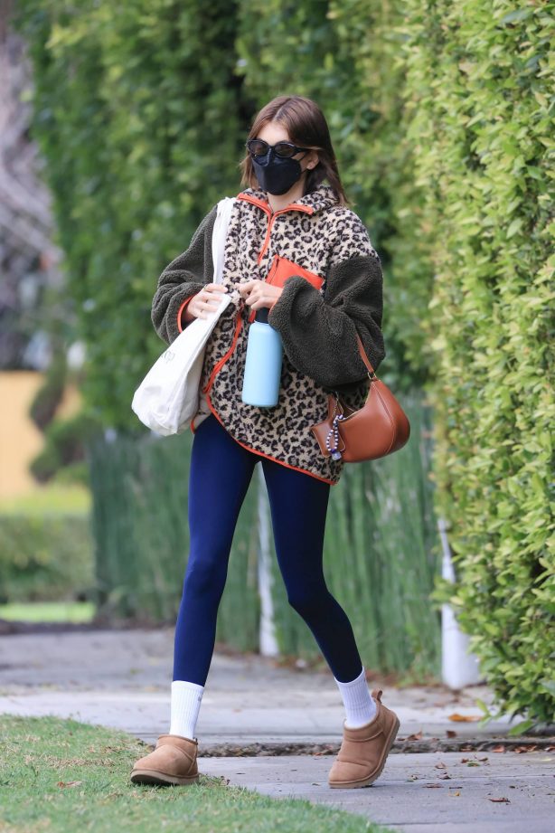 Kaia Gerber - Wearing leopard print jacket in Los Angeles