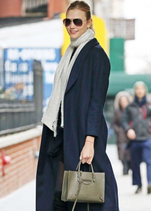 Karlie Kloss in a blue coat out in New York