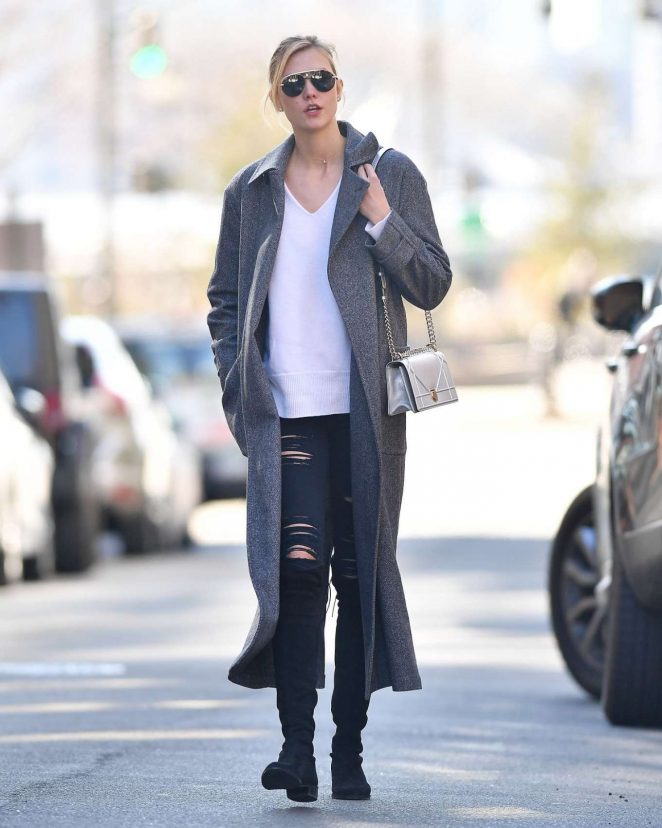 Karlie Kloss in Grey Long Coat Out in New York