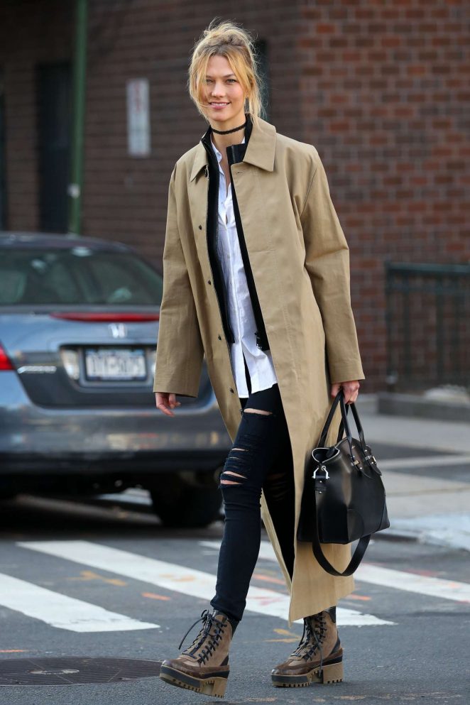Karlie Kloss in Long Coat and Jeans out in New York