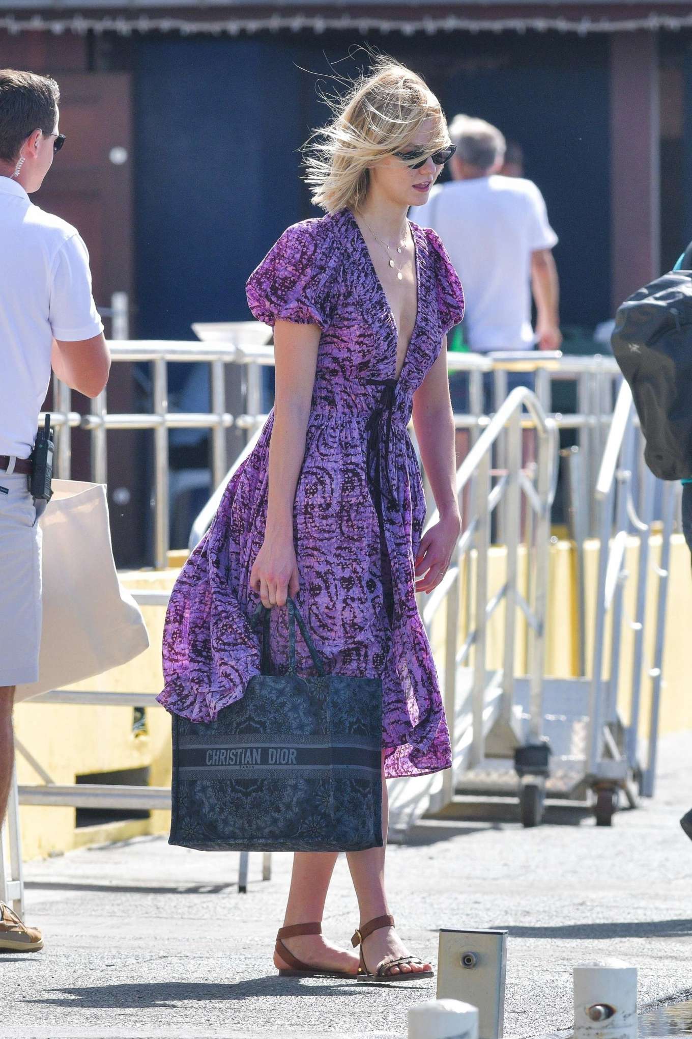 Karlie Kloss in Purple Dress with husband Joshua Kushner - Arriving in St Barts