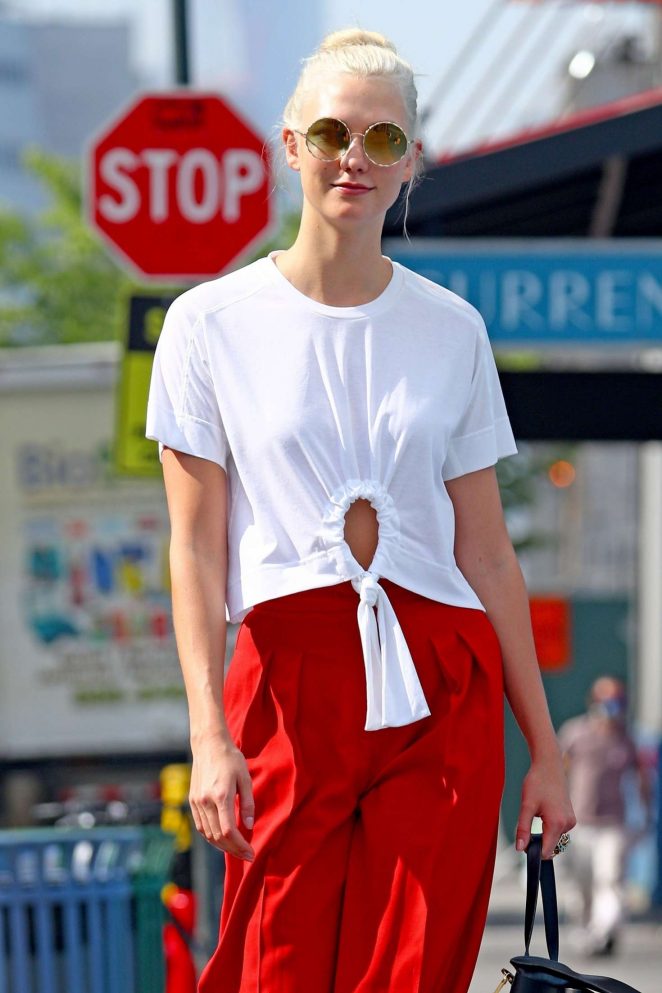 Karlie Kloss in Red Pants Out in New York