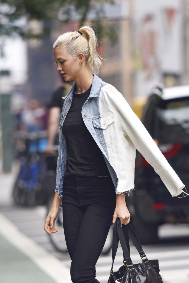 Karlie Kloss with new platinum blonde hair out in NYC