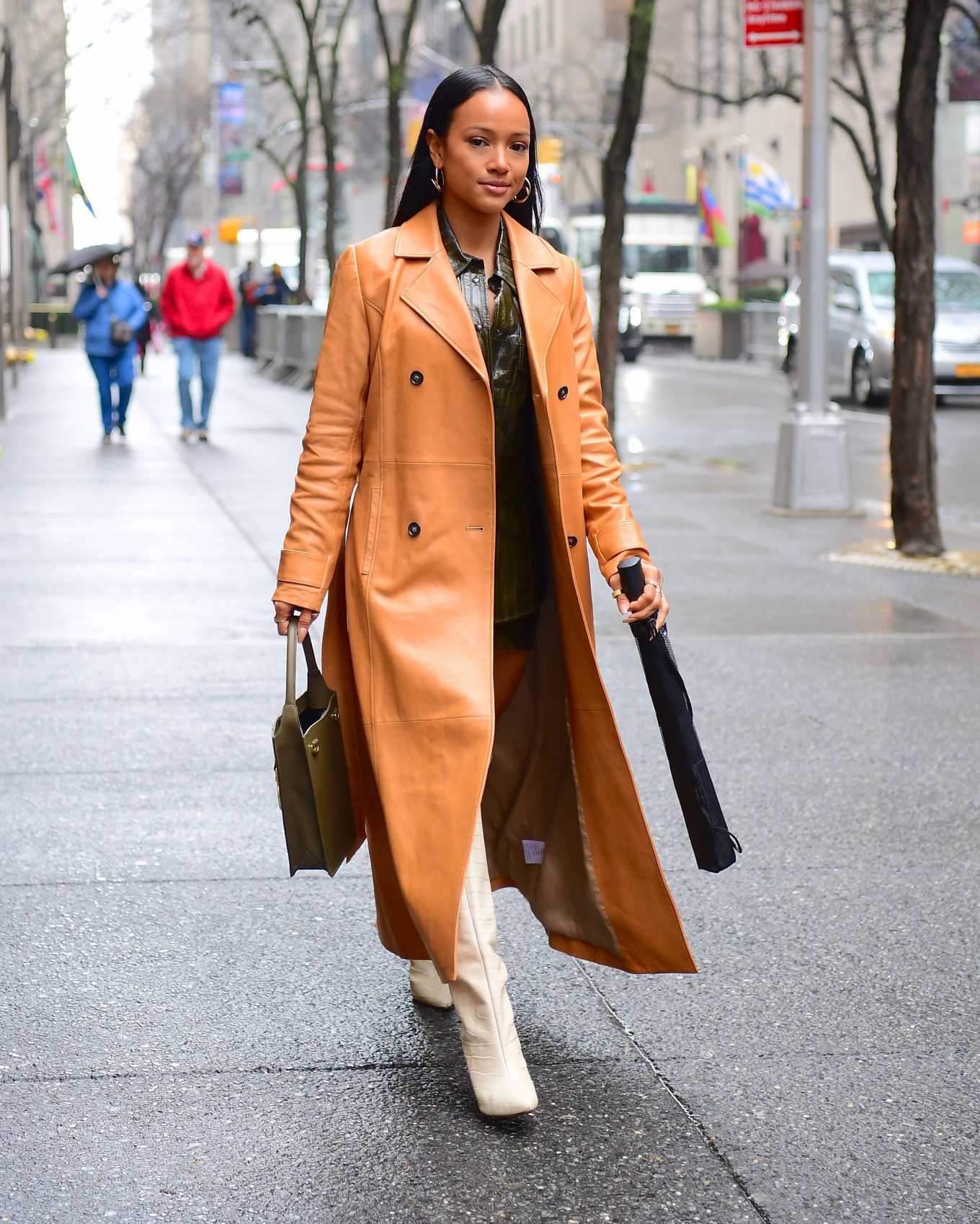 Karrueche Tran in Leather Trench Coat – Out in NYC – GotCeleb