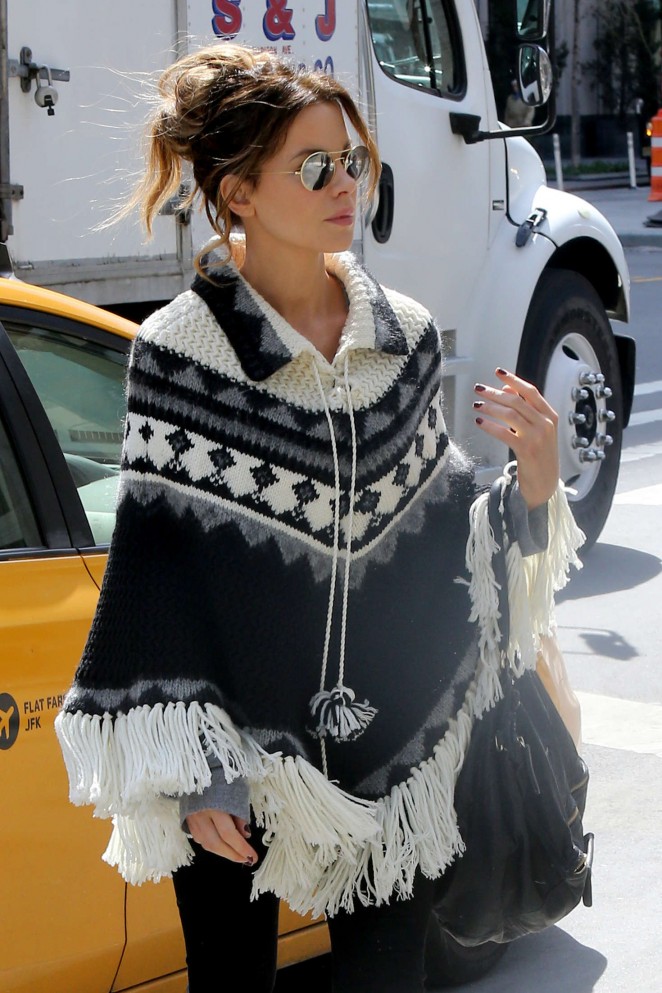 Kate Beckinsale in a black and white Poncho in NYC