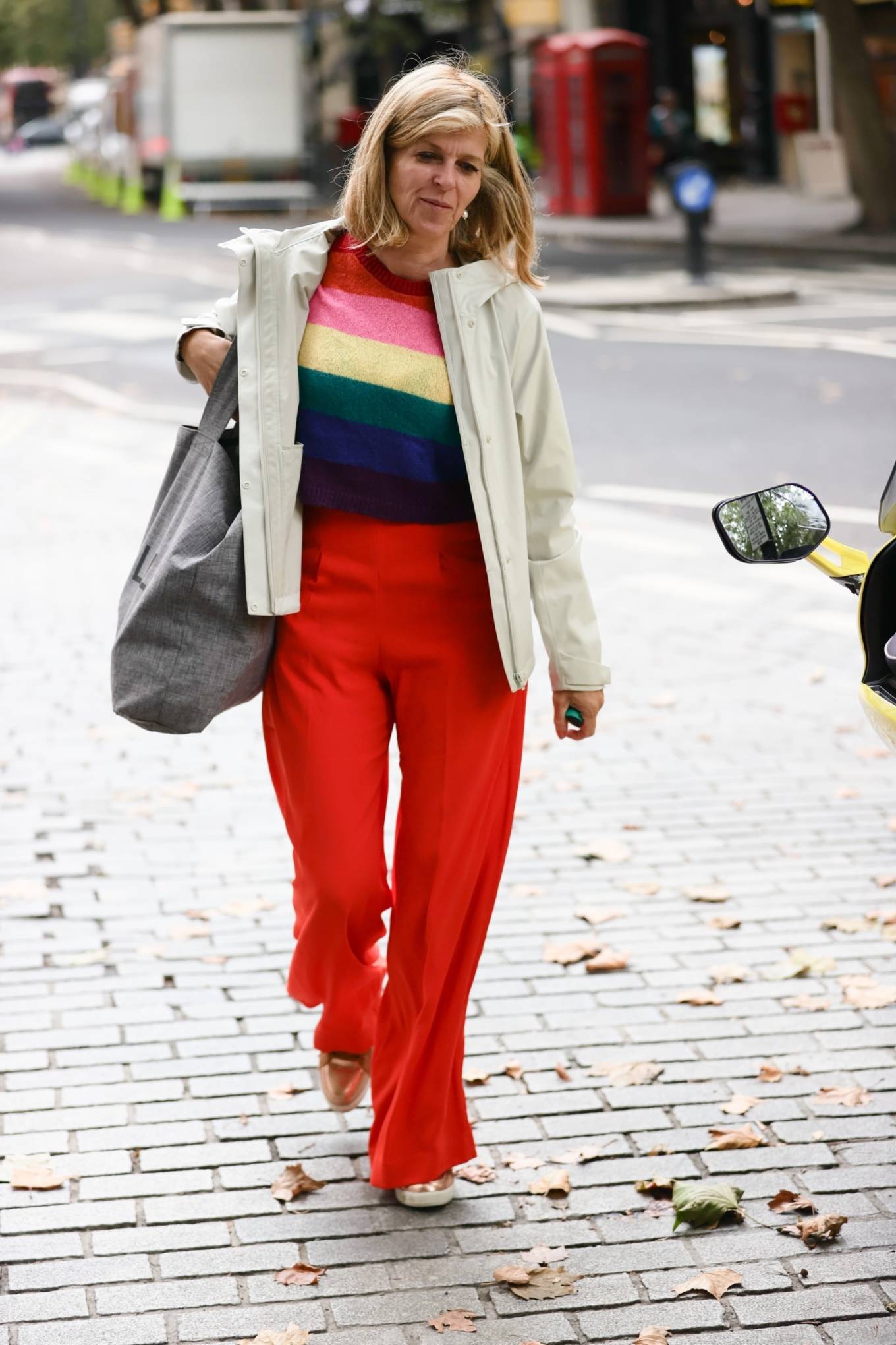 Kate Garraway 2021 : Kate Garraway – In a rainbow jumper catches a limo bike at Smooth radio in London -03