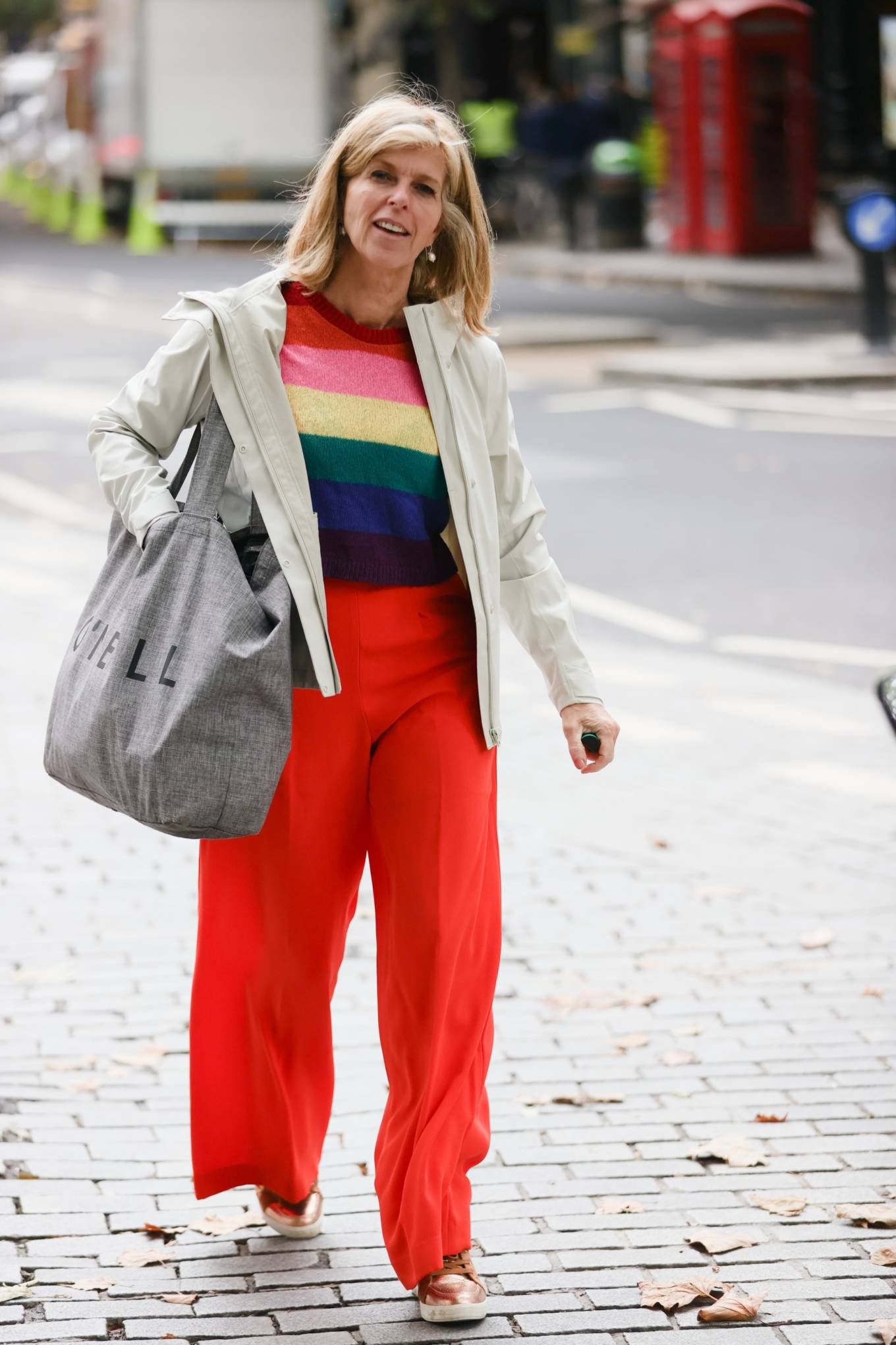 Kate Garraway 2021 : Kate Garraway – In a rainbow jumper catches a limo bike at Smooth radio in London -11