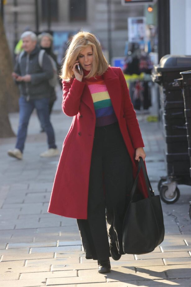 Kate Garraway - Out in a rainbow top and red coat earring at Global offices in London