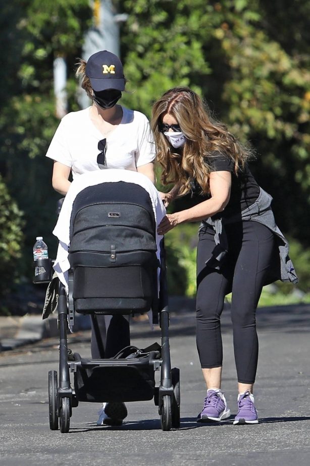 Katherine Schwarzenegger with mom Maria Shriver and newborn baby Lyla out in Brentwood