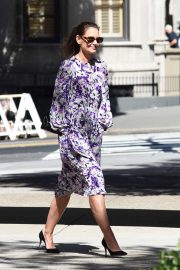 Katie Holmes in a Floral Print Dress in New York City