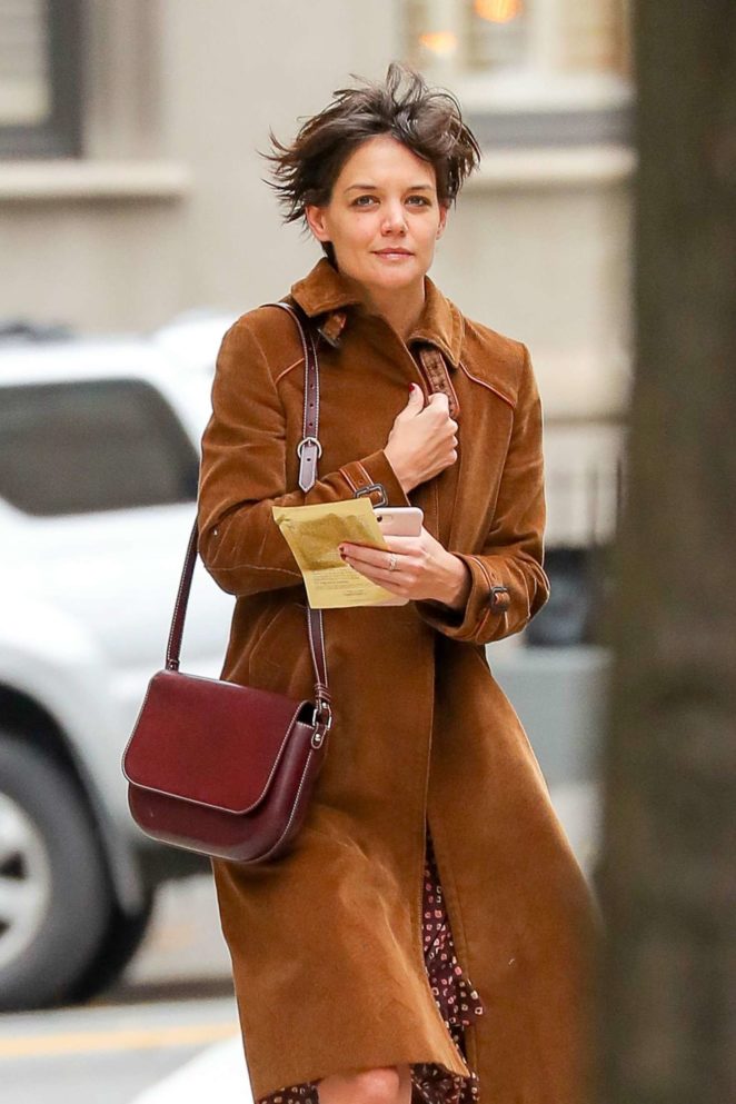 Katie Holmes in Brown Coat out in New York City