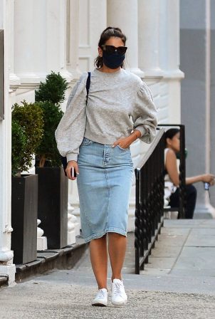 Katie Holmes - In denim skirt out in NYC