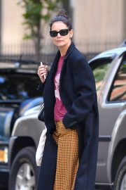Katie Holmes in Mustard Colored Plaid Pants in New York City