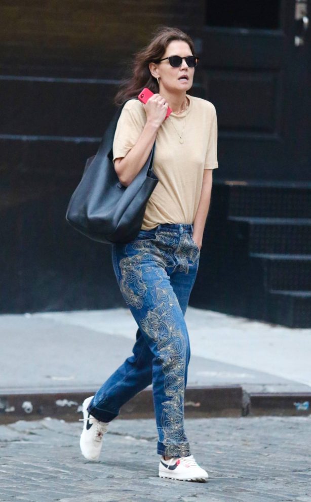Katie Holmes - In patterned jeans by Isabel Marant and the new Nike x Bode sneakers