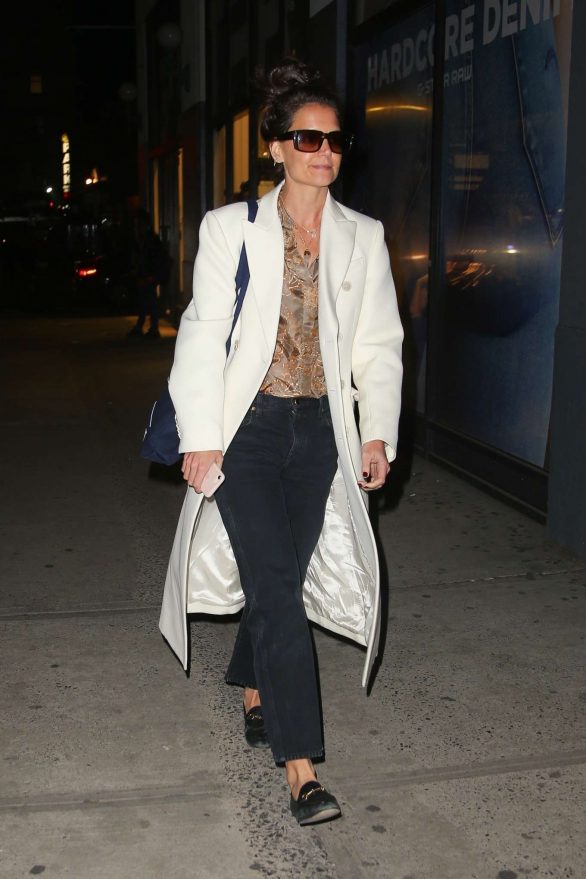 Katie Holmes in white coat on a night out in NYC