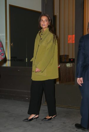 Katie Holmes - On a night out in a long olive green jacket