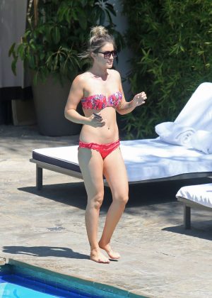 Katie Waissel in Red Bikini at a pool in Los Angeles