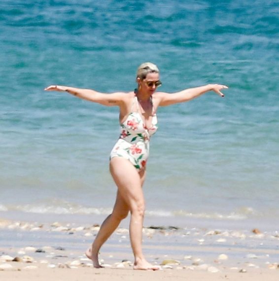 Katy Perry in Floral Swimsuit with Orlando Bloom on the beach in Ile de Re