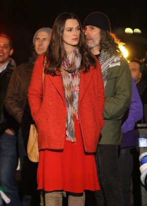 Keira Knightley in Red Coat Filming 'Collateral Beauty' in New York