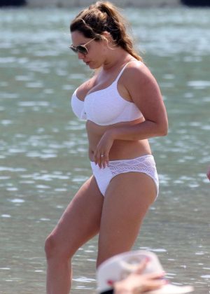 Kelly Brook in White Bikini on the beach in Mykonos