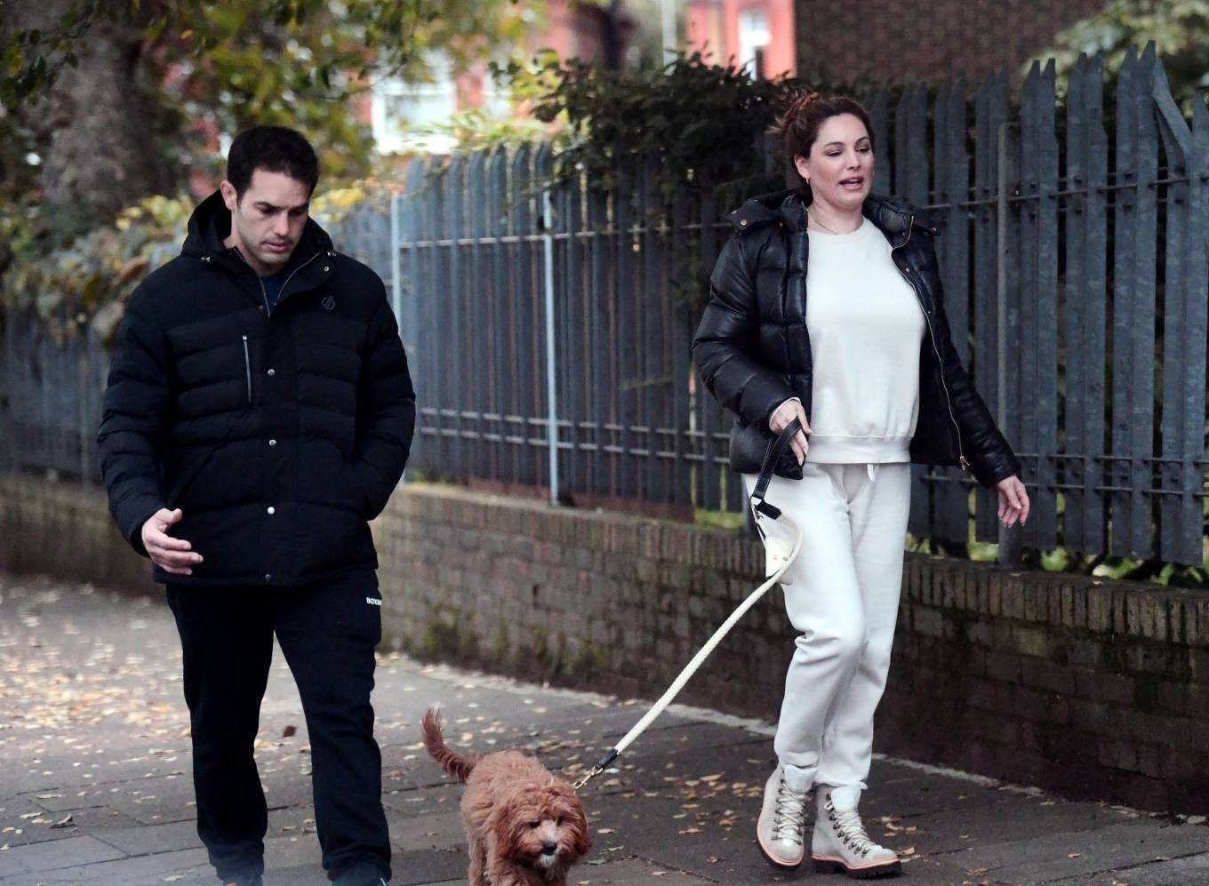 Kelly Brook with her boyfriend Jeremy Parisi walking their dog in North London