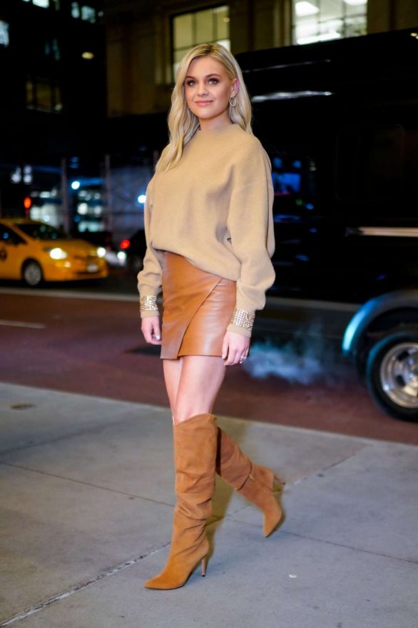 Kelsea Ballerini in Leather Mini Skirt and High Boots in New York City