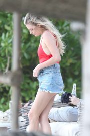 Kelsea Ballerini in Red Swimsuit and Shorts in Tulum