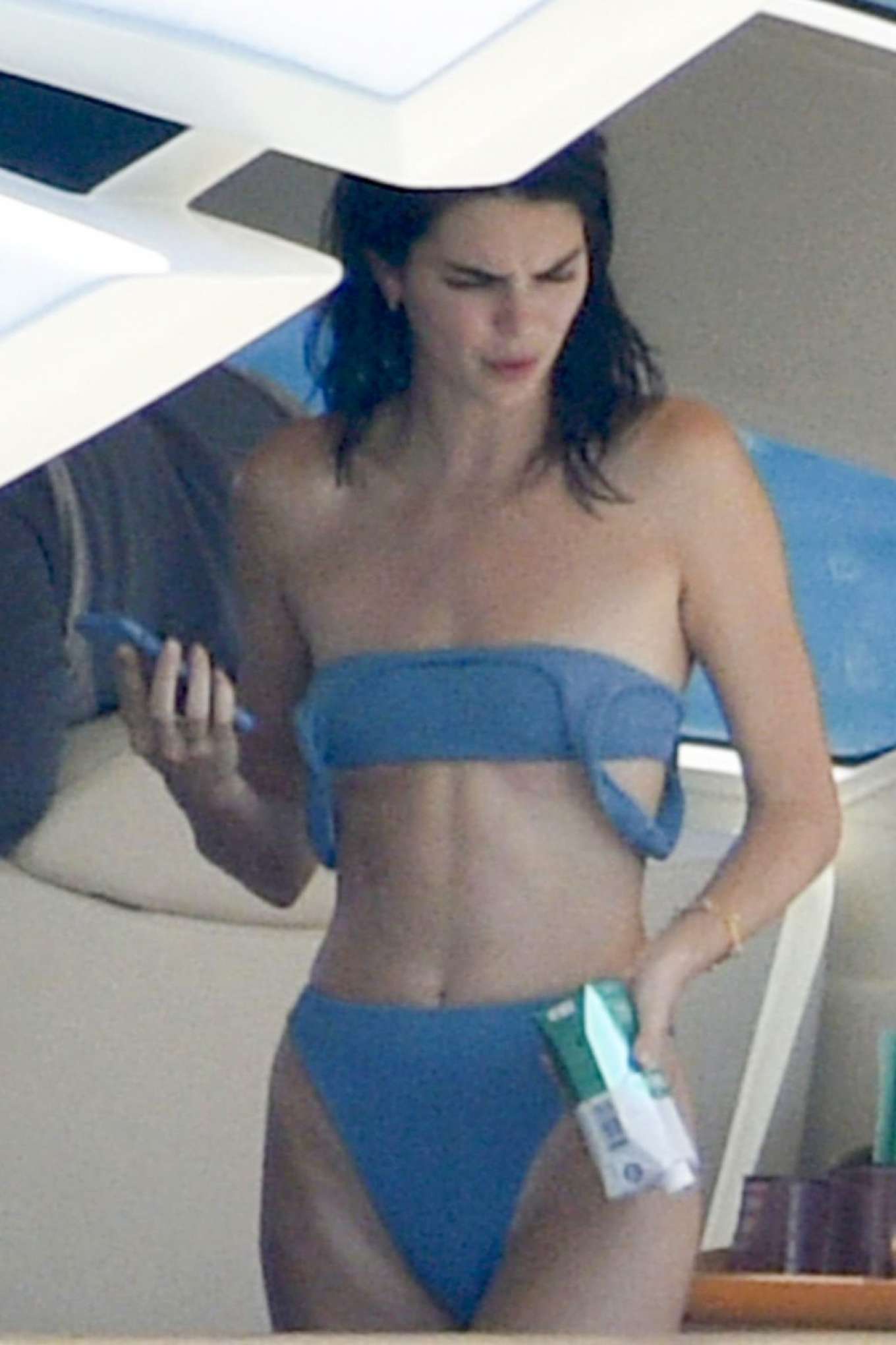 Kendall Jenner in Blue Bikini on a yacht in Corsica