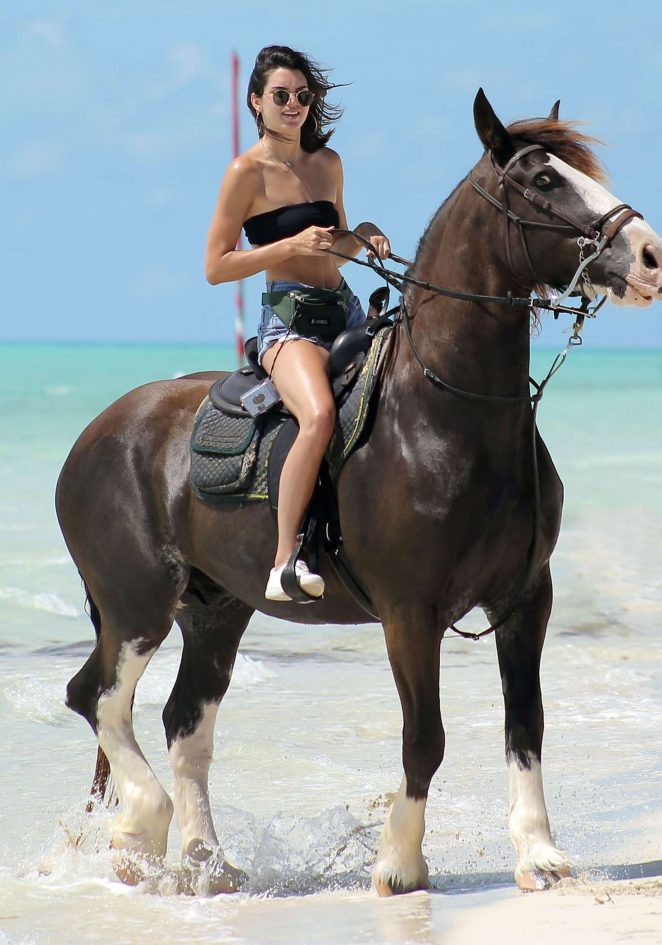 Kendall Jenner in Jeans Shorts at a beachwalk ride in Turks and Caicos