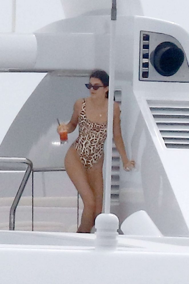 Kendall Jenner in Leopard Bikini on a yacht in Antibes
